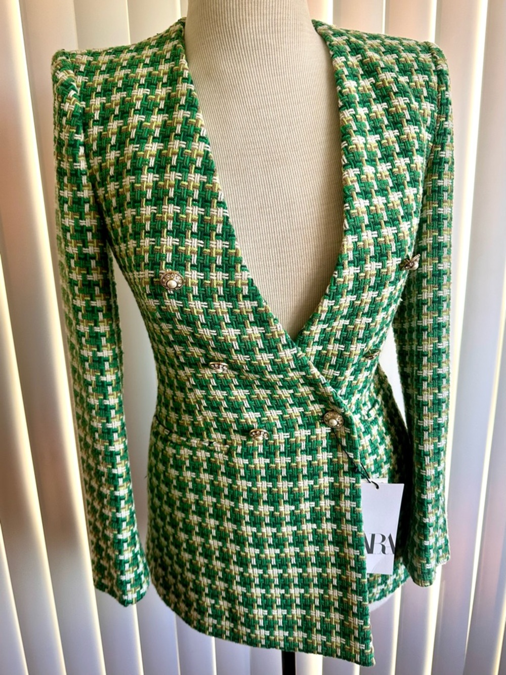 Zara Green, Cream & Tan Woven Long Tweed Jacket